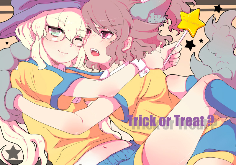 2boys, animal_ears, blonde_hair, blush, brown_hair, english, fangs, glasses