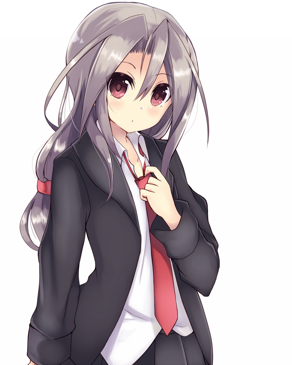 1girl, :<, amano_kouki, black_skirt, blazer, blush, brown_eyes, hatsushimo_(kantai_collection), hatsushimo_(kantai_collection)_(cosplay), highres, kantai_collection, long_hair, looking_at_viewer, low-tied_long_hair, necktie, open_blazer, open_clothes, pleated_skirt, red_necktie, revision, school_uniform, silver_hair, simple_background, skirt, solo, white_background, zuihou_(kantai_collection)