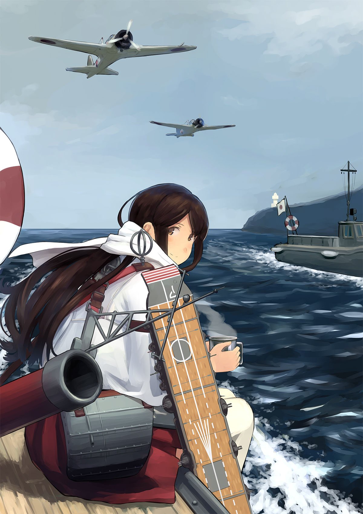 1girl, airplane, akagi_(kantai_collection), boat, brown_eyes, brown_hair, cup, flight_deck