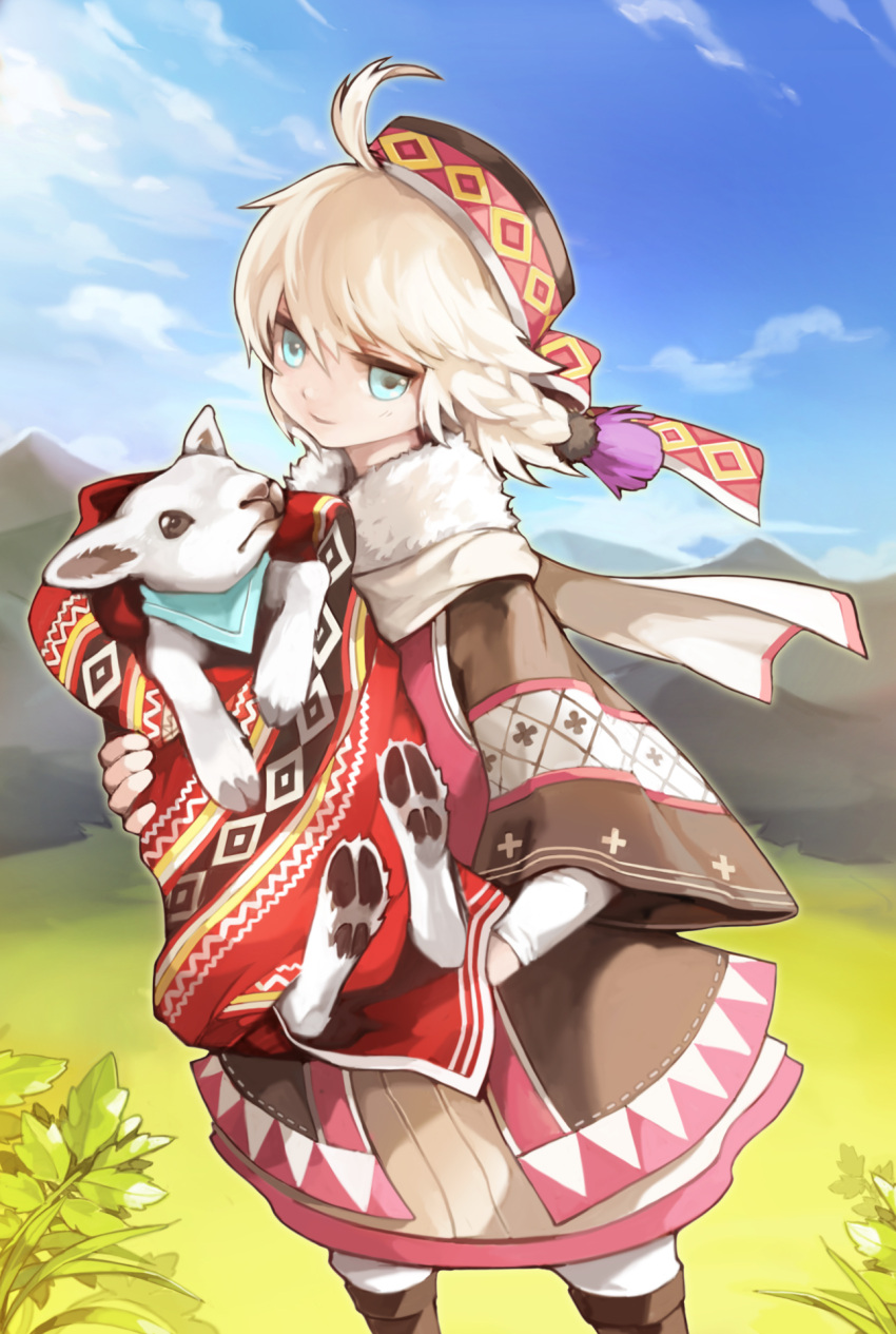 1boy, ahoge, blue_eyes, braid, goat, hat, highres, larhen, male_focus, original, single_braid, smile, white_hair