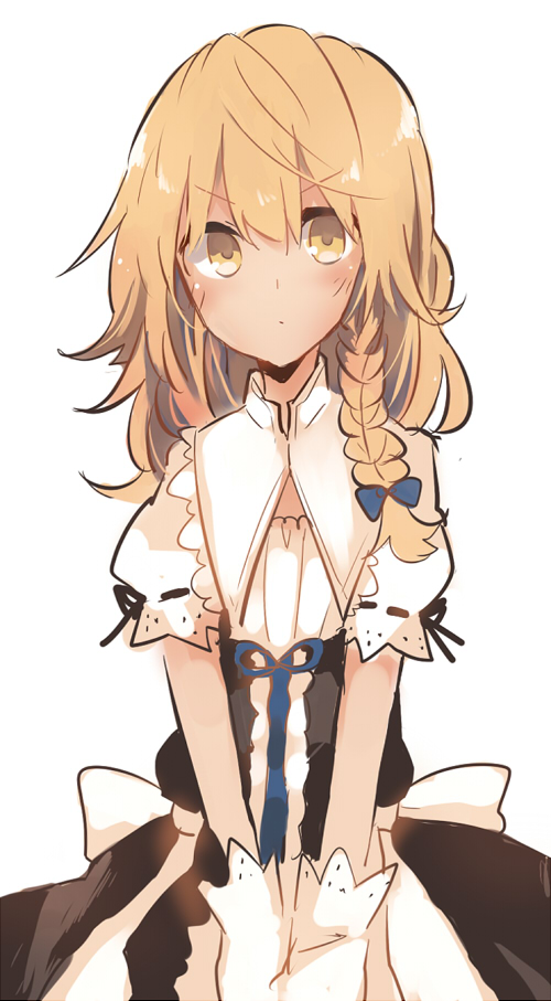 1girl, blonde_hair, blush, braid, cowboy_shot, dress, gloves, hands_together