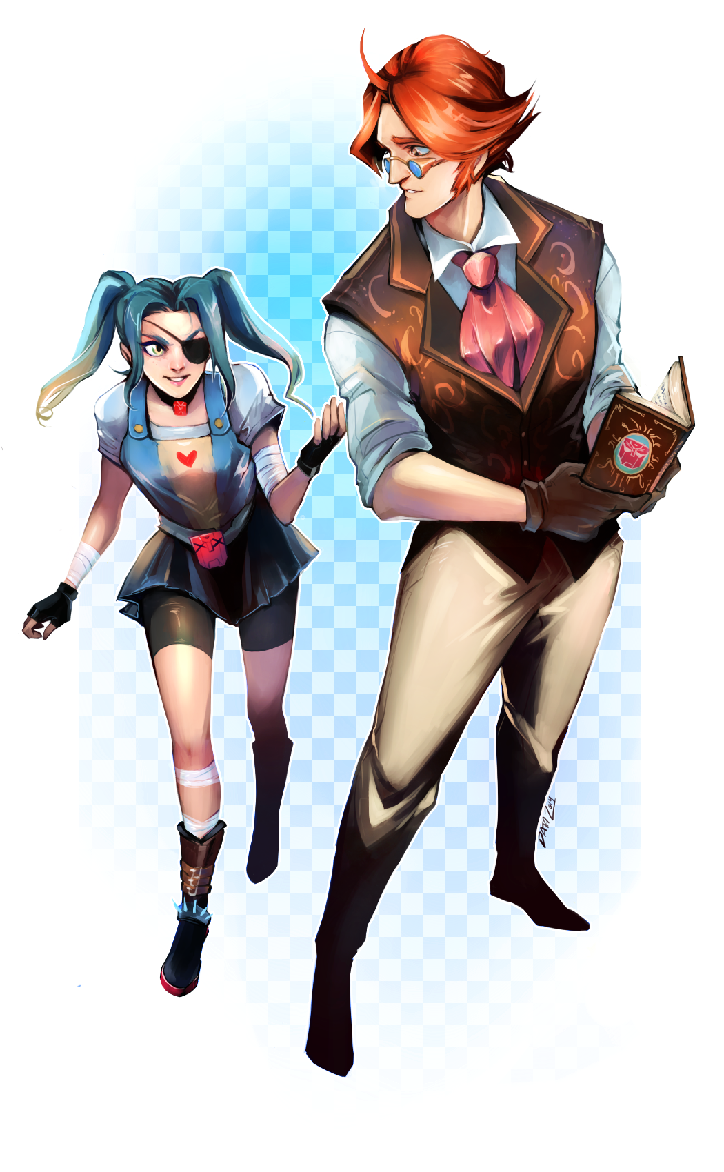 1boy, 1girl, autobot, bandages, bike_shorts, book, dataglitch, eyepatch