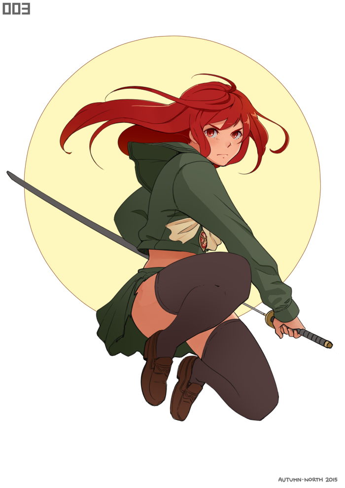 1girl, autumn-north, black_legwear, jumping, katana, loafers, long_hair, red_eyes