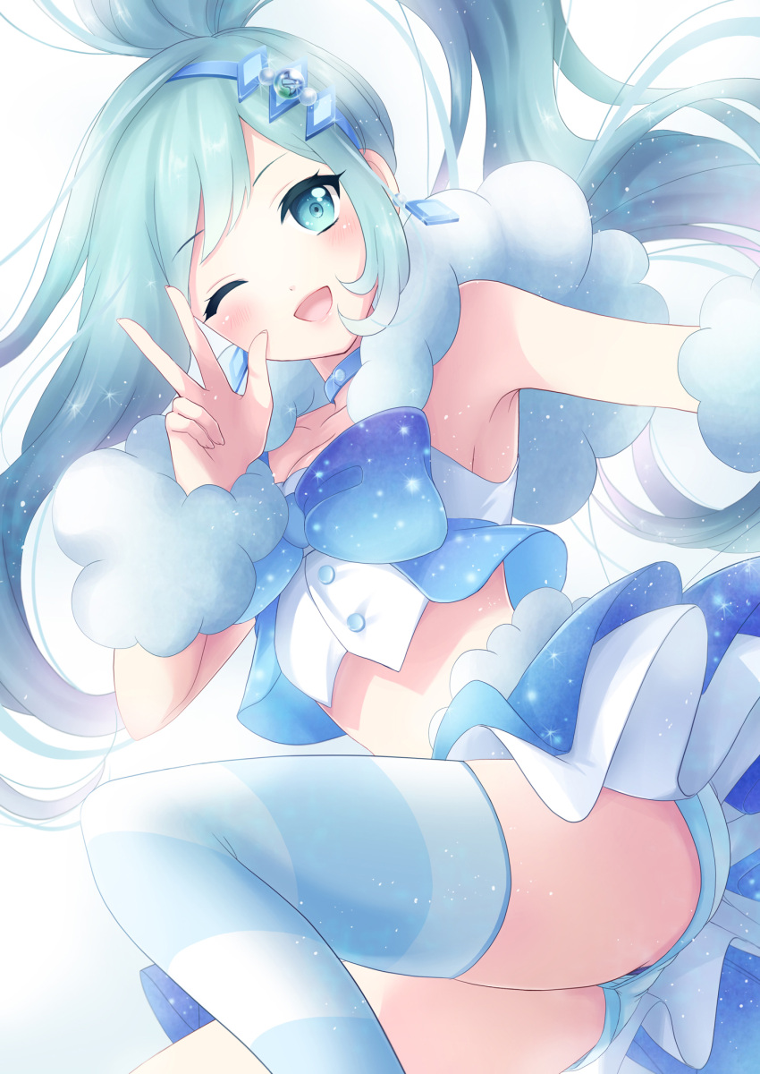 1girl, aqua_eyes, aqua_hair, arm_warmers, armpits, asymmetrical_hair, choker, earrings