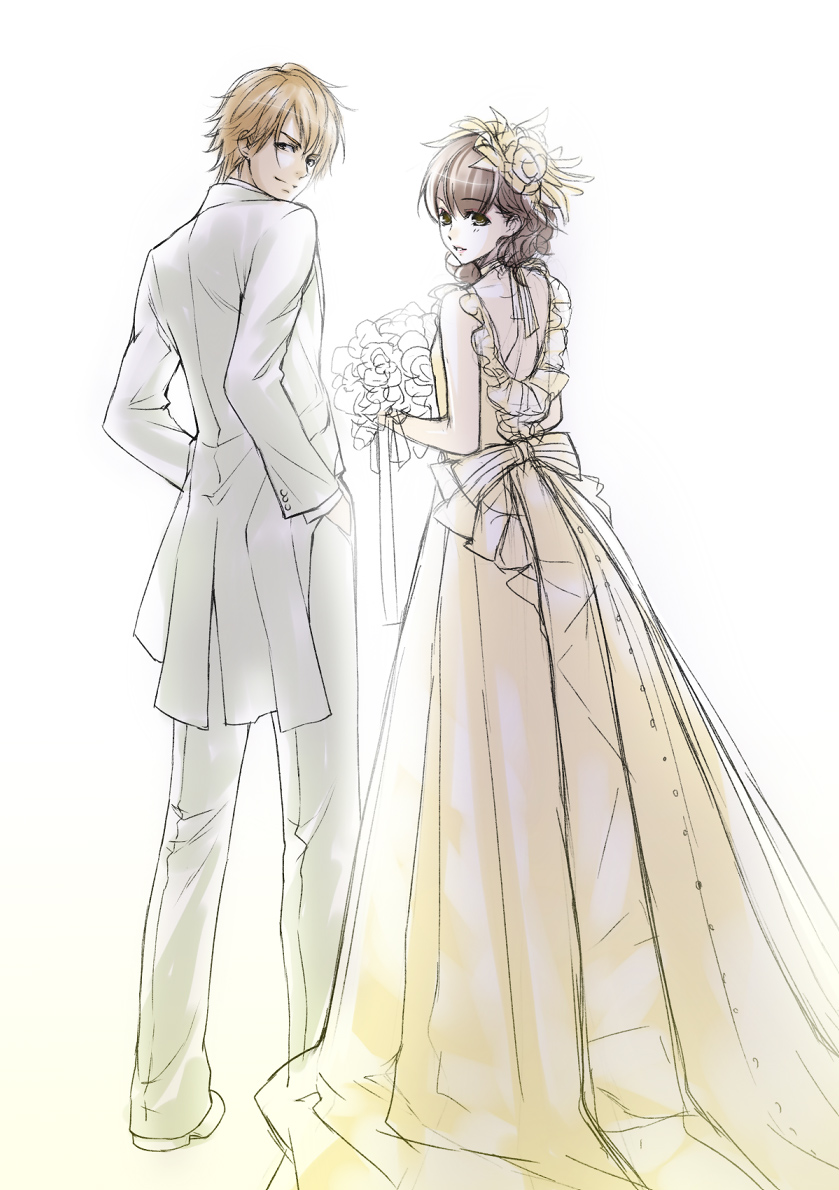 1boy, 1girl, bouquet, brown_hair, doraimango, dress, female, flower