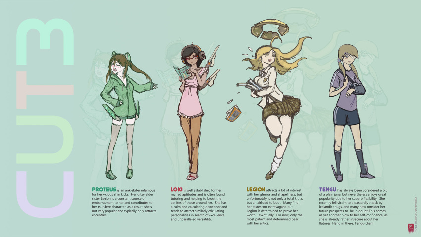 bandage_over_one_eye, black_hair, blonde_hair, blush, blush_stickers, breasts, broken_arm, brown_hair, english, eve_online, flat_chest, flip-flops, glasses, gym_shorts, gym_uniform, headphones, highres, injury, legion_(eve_online), lineup, loki_(eve_online), long_hair, manga_(object), mechanical_halo, personification, proteus_(eve_online), sandals, school_uniform, shorts, skirt, space_craft, sweater, tabnir, tengu_(eve_online), thigh-highs, tsundere, twintails, zoom_layer