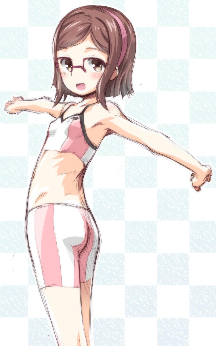 1girl, ass, bare_shoulders, bike_shorts, blush, brown_eyes, brown_hair, child