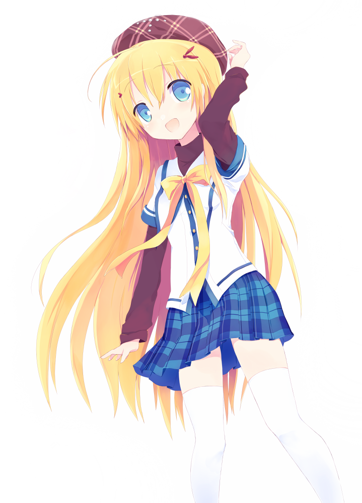 1girl, :d, ahoge, blonde_hair, blue_eyes, clover_days, hair_ornament, hat
