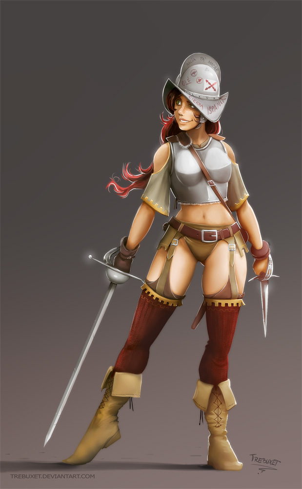 1girl, armor, artist_request, belt, boots, conquistador, freckles, gloves, helmet, knife, long_hair, rapier, redhead, scabbard, sheath, solo, spain, sword, tagme, weapon