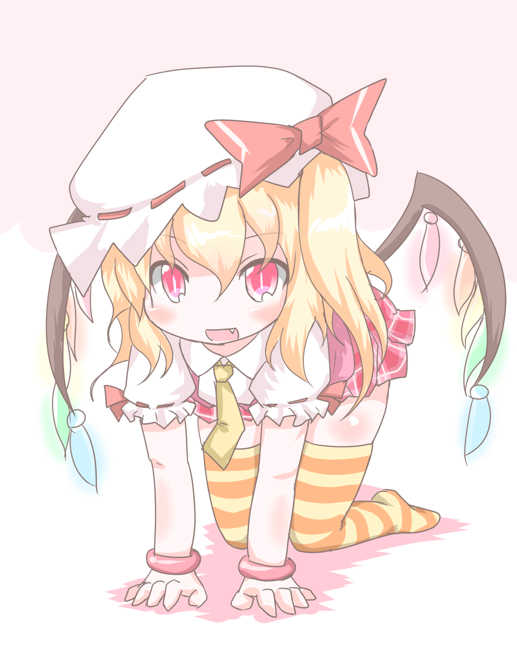 1girl, all_fours, alternate_costume, alternate_legwear, asymmetrical_hair, asymmetrical_wings, blonde_hair, flandre_scarlet