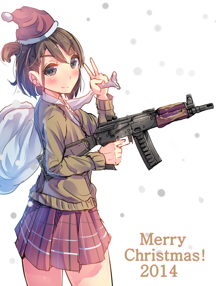 1girl, blue_eyes, brown_hair, cardigan, daito, gun, merry_christmas, mini_santa_hat