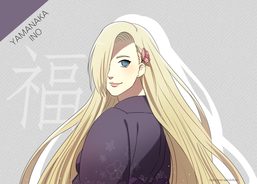 1girl, ahri_(will), blonde_hair, blue_eyes, character_name, hair_over_one_eye, japanese_clothes, kimono, long_hair, naruto, solo, yamanaka_ino, yukata