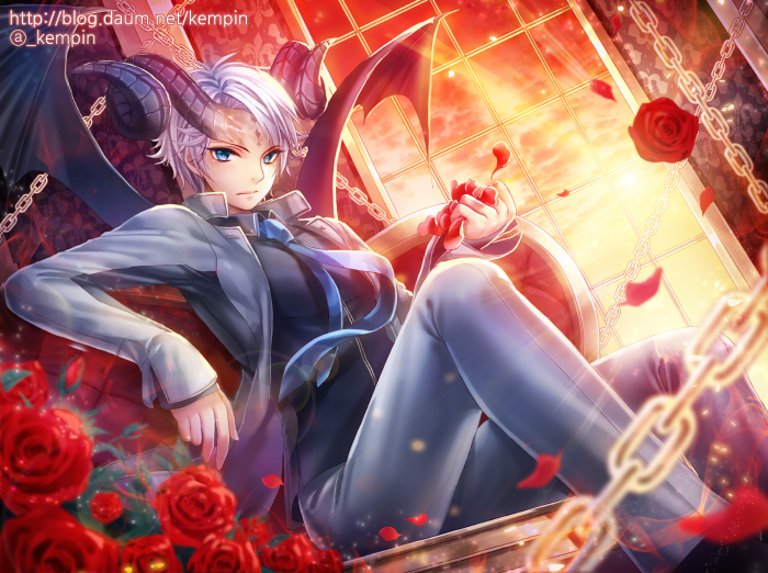 1boy, blue_eyes, demon_boy, flower, formal, hobak, horns, petals