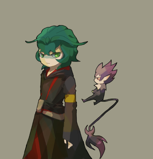 2boys, akurousu_obiesu, armband, bittowei_ozurokku, floating, green_eyes, green_hair, grey_background, inazuma_eleven_(series), inazuma_eleven_go, inazuma_eleven_go_galaxy, male_focus, multiple_boys, simple_background, tail, tori_(alpaca-alpaca)