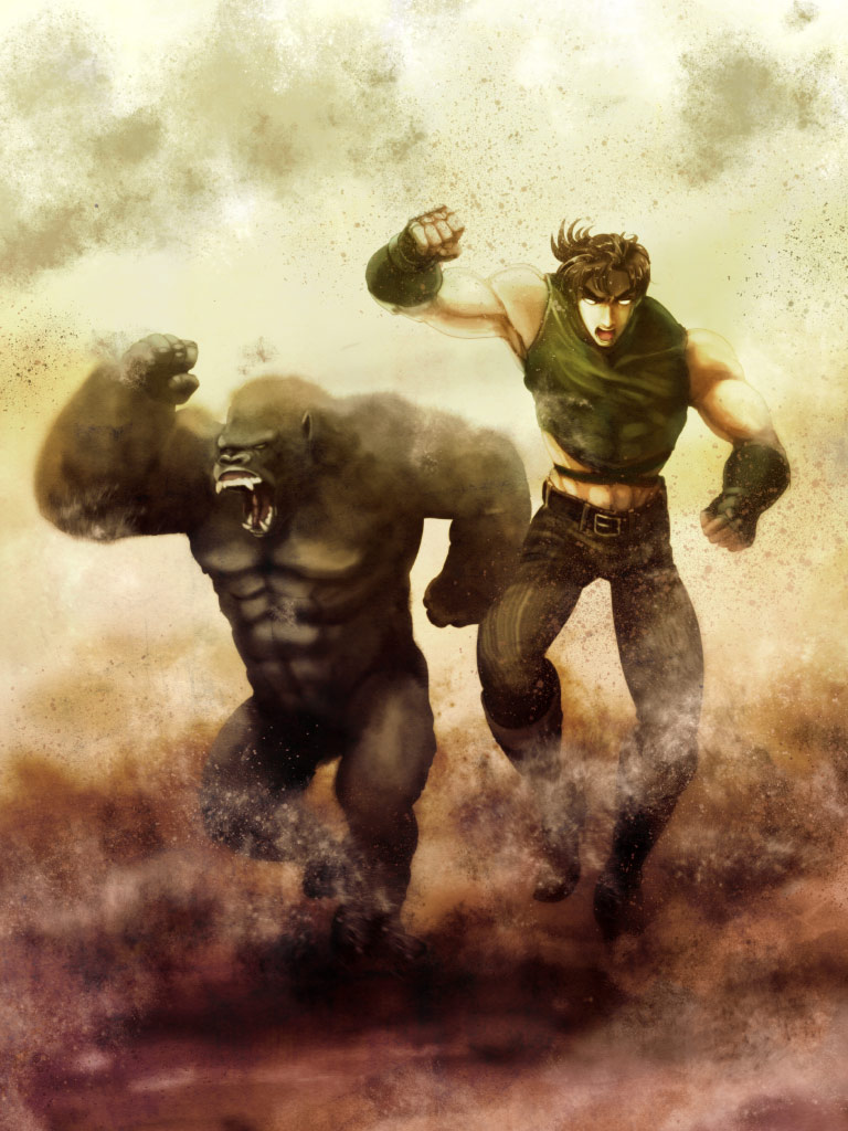 1boy, aokumo_2, dancing, gorilla, jojo_no_kimyou_na_bouken, joseph_joestar_(young), midriff