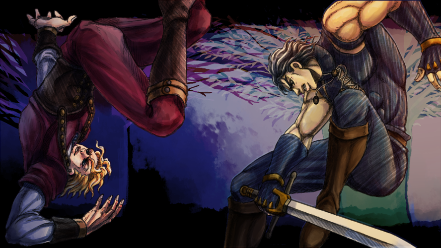 2boys, black_hair, blonde_hair, dio_brando, jojo_no_kimyou_na_bouken, jonathan_joestar, metamin_(memethah), multiple_boys, official_style, sword, weapon