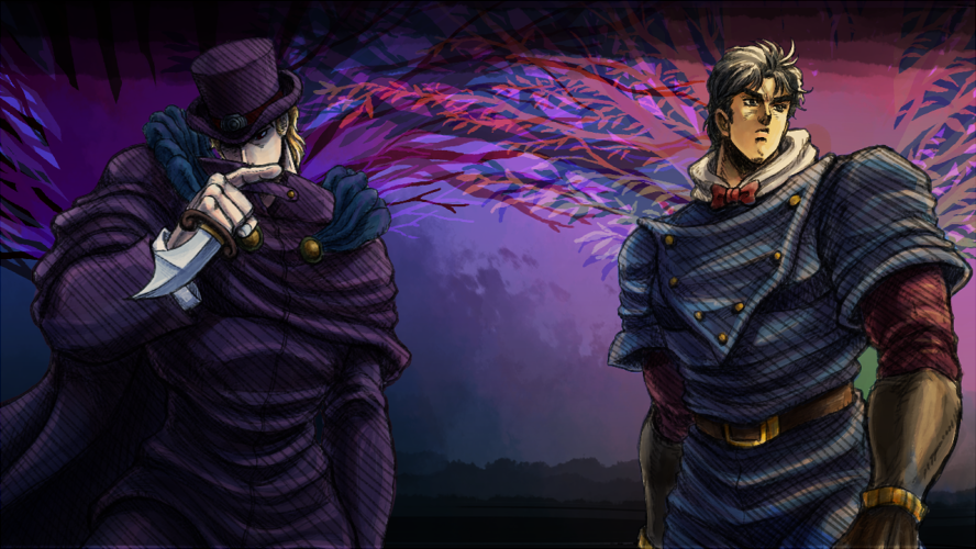 2boys, black_hair, blonde_hair, dio_brando, hat, jojo_no_kimyou_na_bouken, jonathan_joestar, metamin_(memethah)