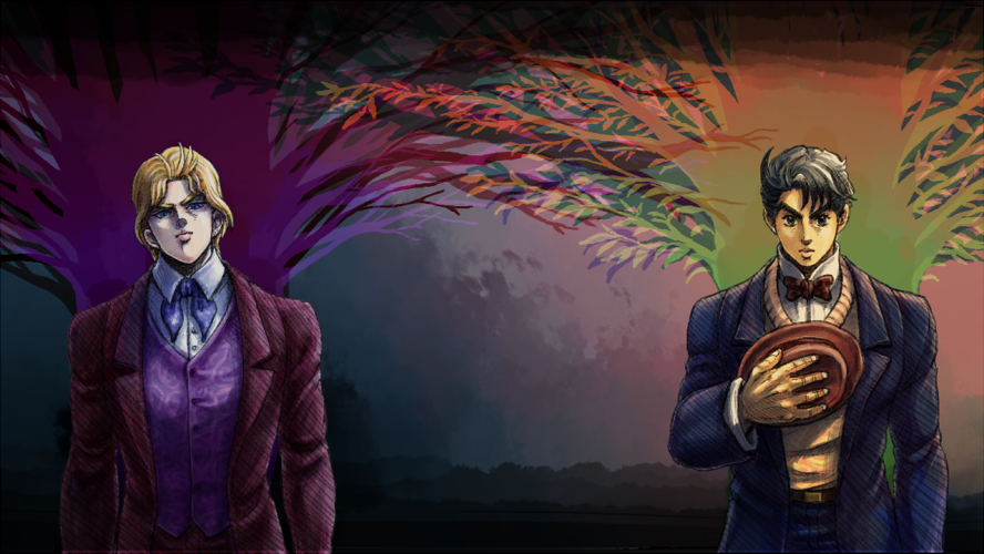 2boys, black_hair, blonde_hair, dio_brando, hat, holding, holding_hat, jojo_no_kimyou_na_bouken