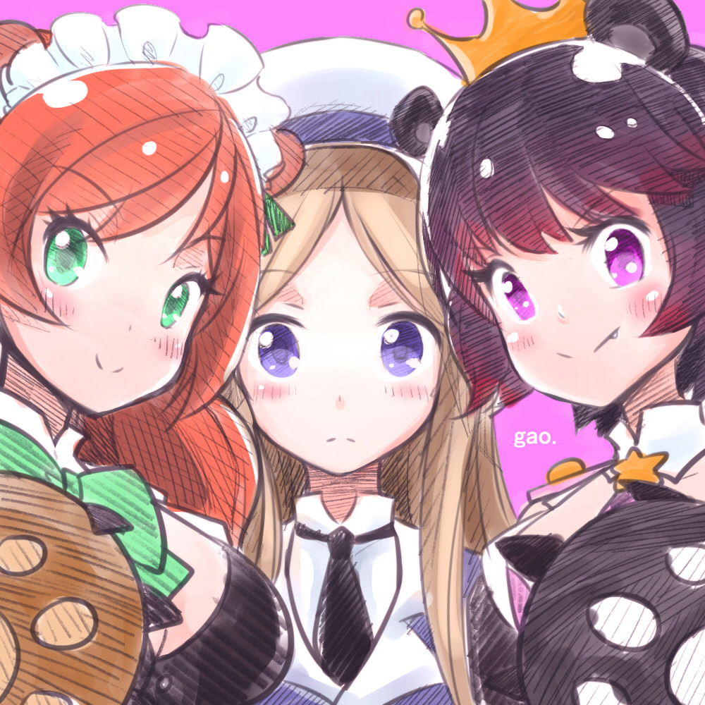 3girls, animal_ears, bear_ears, bear_paws, beret, blush, brown_hair, crown