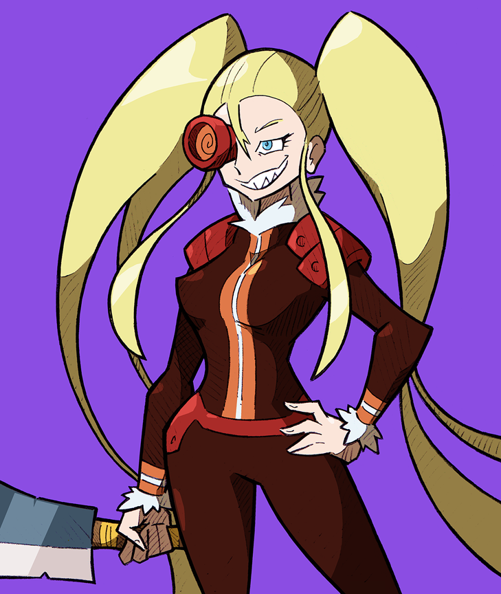 1girl, blonde_hair, cleaver, creator_connection, grin, hakodate_omiko, hand_on_hip, kill_la_kill