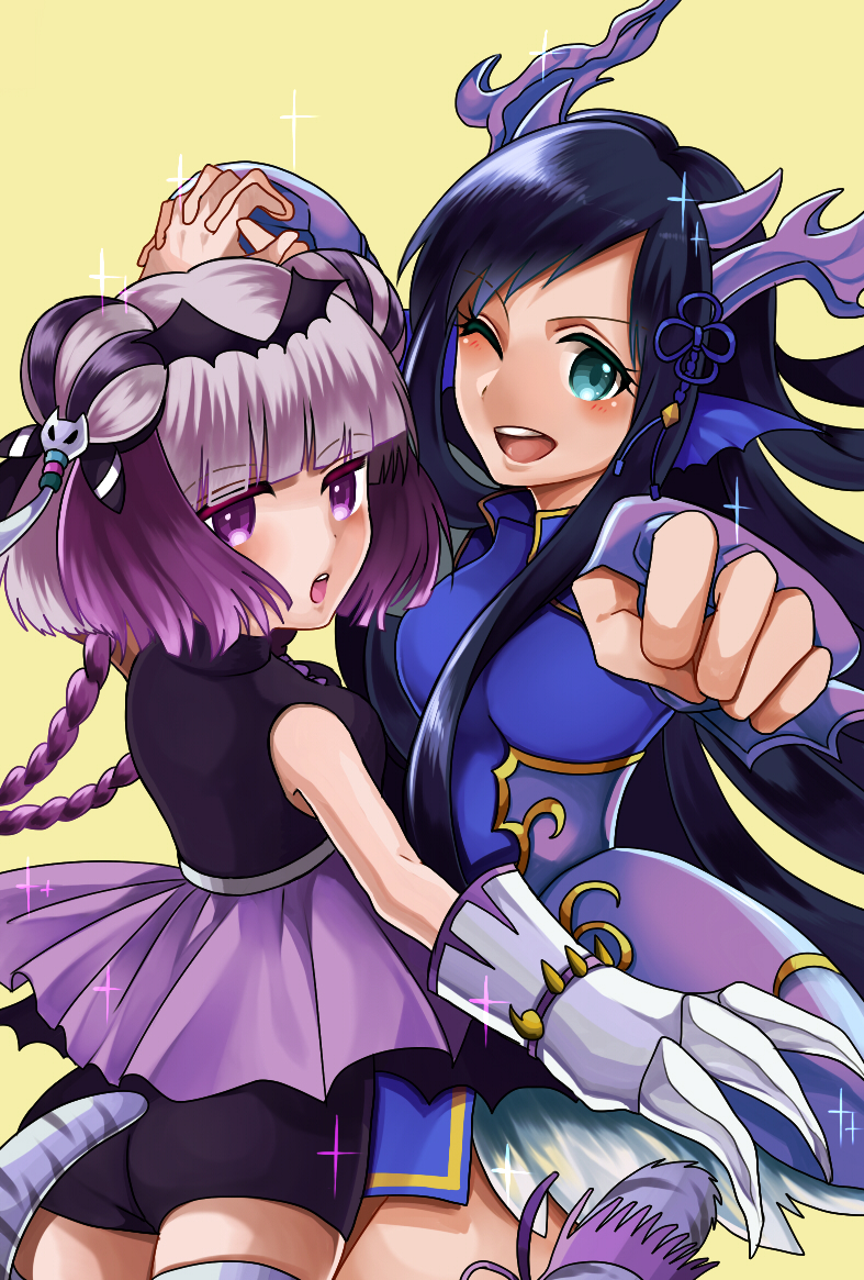 2girls, :o, ;d, ass, bare_shoulders, bat_wings, black_hair, blue_dress