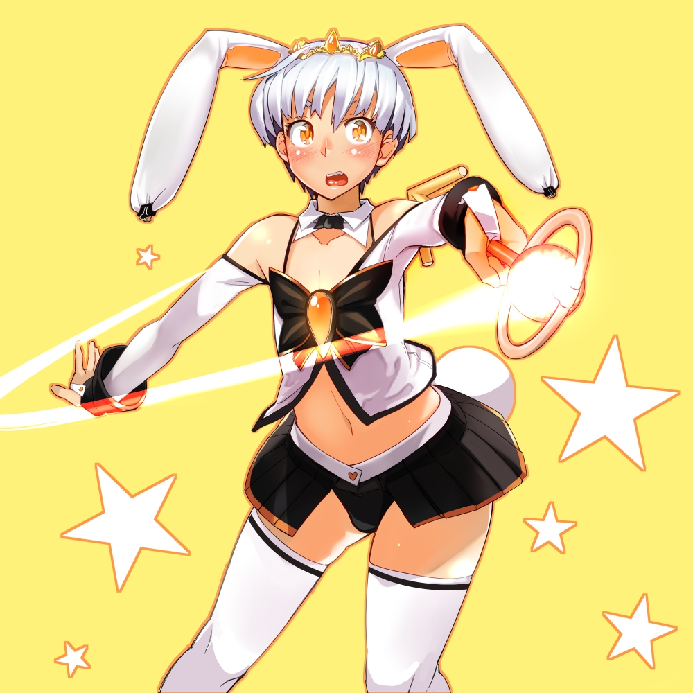1boy, animal_ears, blush, bunny_tail, crossdressinging, detached_sleeves, fukumaaya, magical_girl
