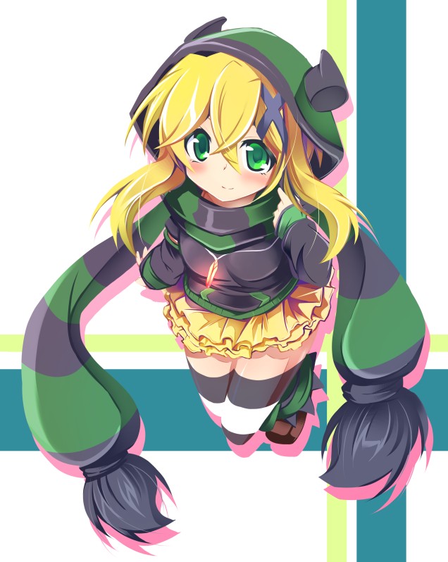 1girl, akatsuki_kirika, blonde_hair, green_eyes, satsuki_suzuran, scarf, senki_zesshou_symphogear, short_hair, simple_background, skirt, smile, solo, striped, striped_legwear, sweater, thigh-highs