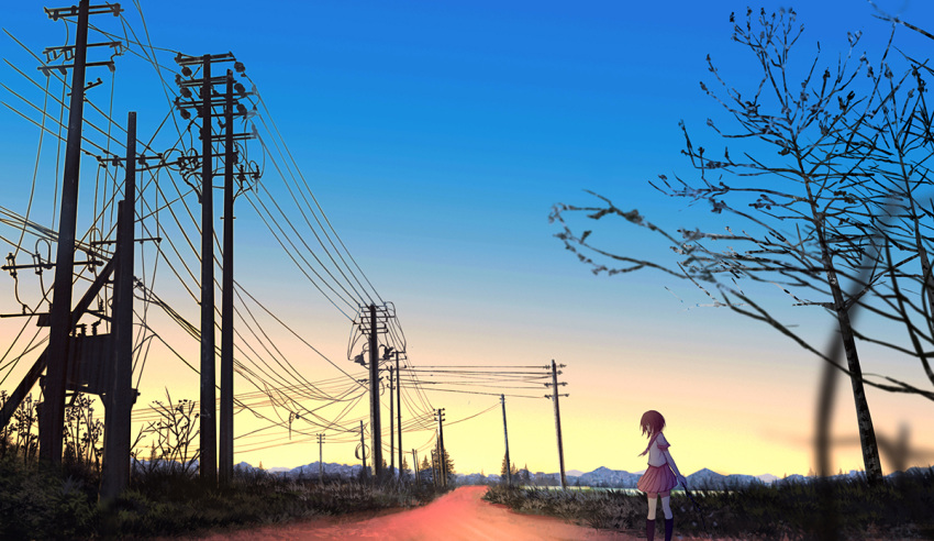 1girl, aya_(star), brown_hair, grass, horizon, lake, looking_down, original