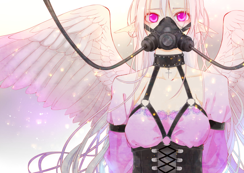1girl, choker, corset, cross, gas_mask, long_hair, mask, red_eyes