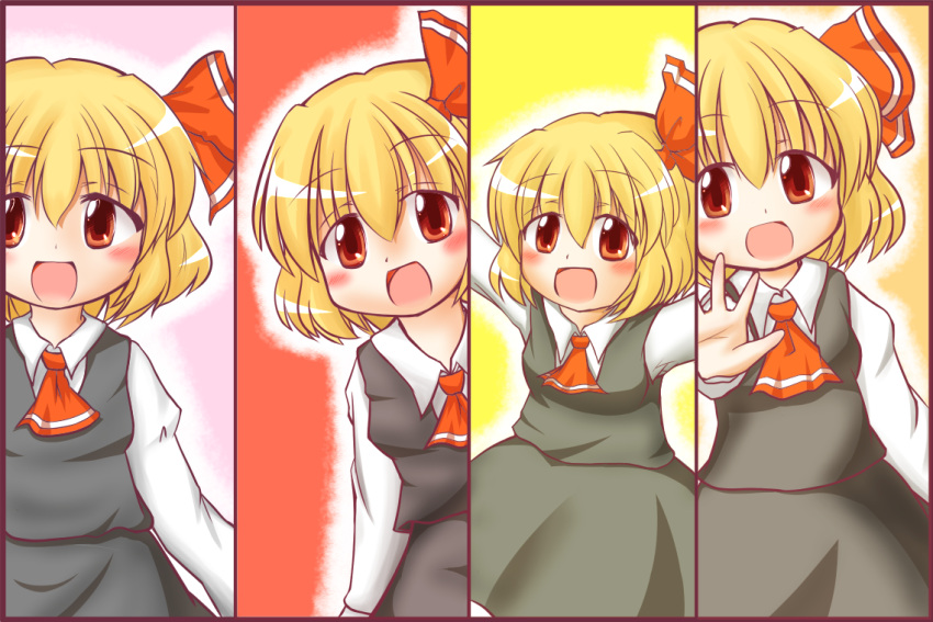 1girl, :d, blonde_hair, derivative_work, hair_ribbon, oi_gatsuo, open_mouth, outstretched_arms