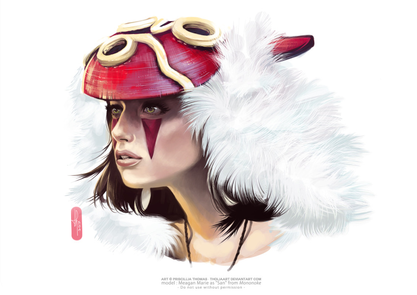 1girl, brown_eyes, brown_hair, eyelashes, face, facepaint, fur_collar, jewelry