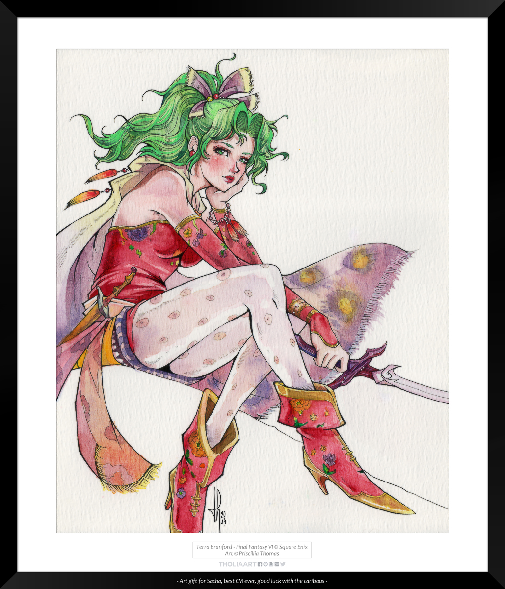 1girl, ankle_boots, blue_eyes, boots, breasts, cape, chin_rest, commentary, detached_sleeves, earrings, final_fantasy, final_fantasy_vi, green_hair, highres, jewelry, lips, lipstick, long_hair, makeup, photo, pointy_shoes, polka_dot, polka_dot_legwear, ponytail, sitting, solo, sword, tholia, tina_branford, weapon