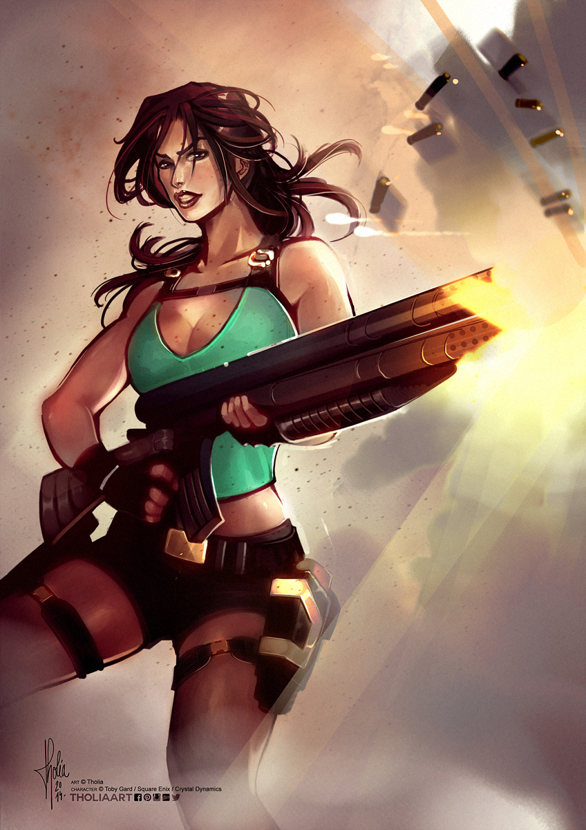1girl, assault_rifle, bare_shoulders, breasts, brown_eyes, brown_hair, cleavage, fingerless_gloves