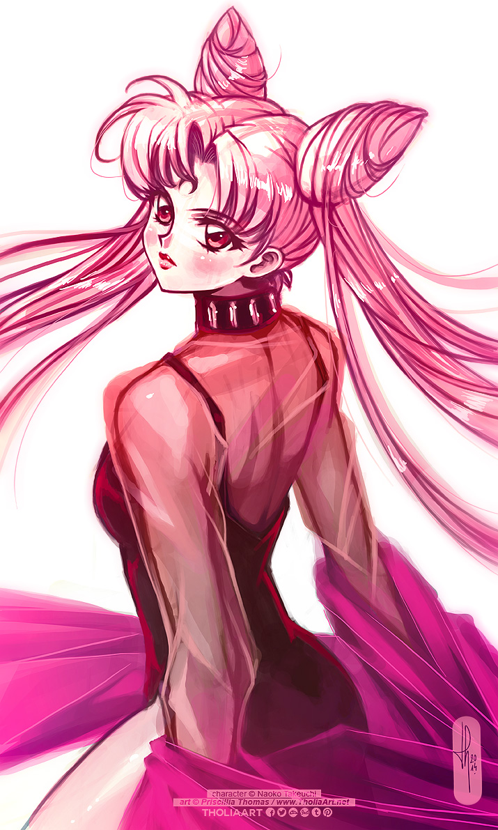 1girl, bishoujo_senshi_sailor_moon, black_lady, blush_stickers, chibi_usa, crescent, double_bun, facial_mark, forehead_mark, from_behind, long_hair, off_shoulder, older, pink_hair, red_eyes, see-through, shawl, solo, studded_collar, tholia, twintails, very_long_hair