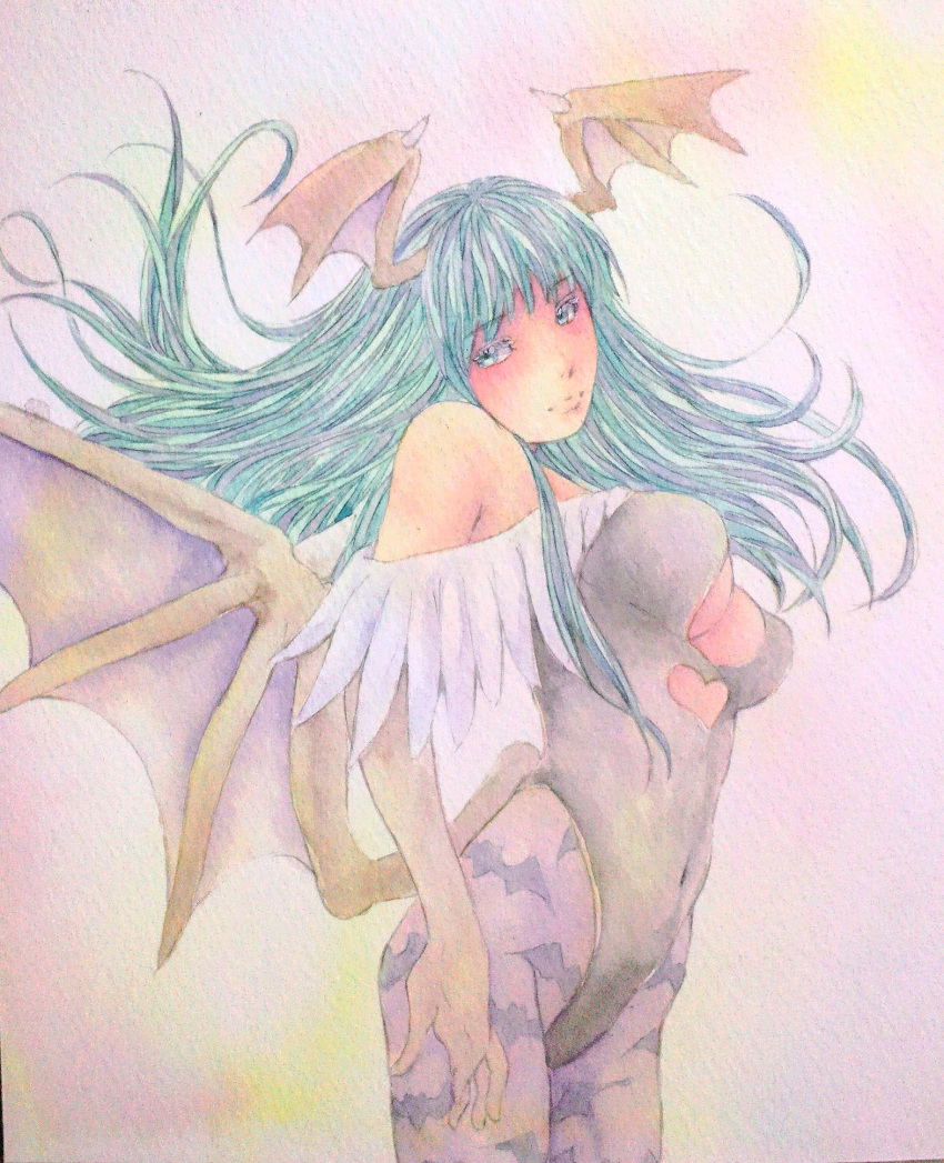 1girl, aqua_eyes, aqua_hair, bare_shoulders, bat_print, bat_wings, breasts, cleavage