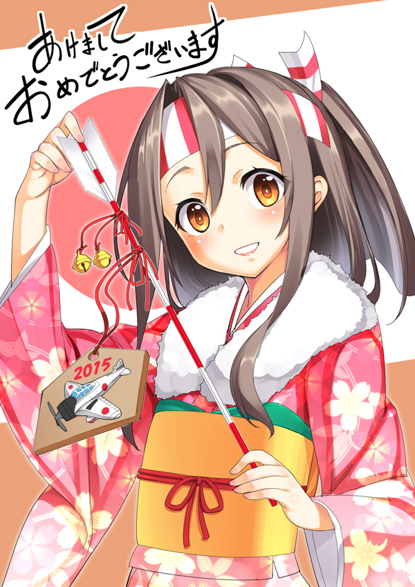 1girl, arrow, blush, brown_eyes, brown_hair, ema, hachimaki, headband