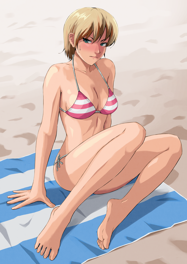 1girl, arm_support, barefoot, beach, bikini, blonde_hair, blush, breasts