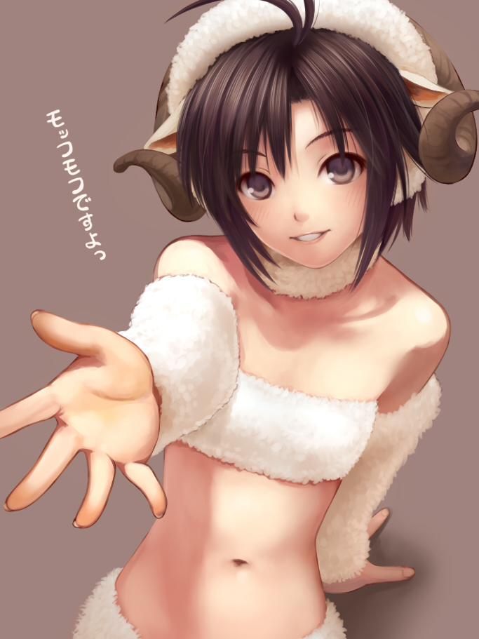 1girl, ahoge, animal_costume, animal_ears, antenna_hair, arm_support, black_eyes, black_hair