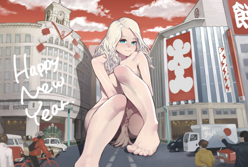 1girl, 2015, barefoot, bicycle, blue_eyes, car, city, giantess, ginza_(tokyo), ginza_wako, happy_new_year, highres, legs, long_hair, motor_vehicle, new_year, nude, original, real_world_location, sitting, sky, smile, solo_focus, tani_(sgt_epper), tokyo_(city), vehicle, white_hair