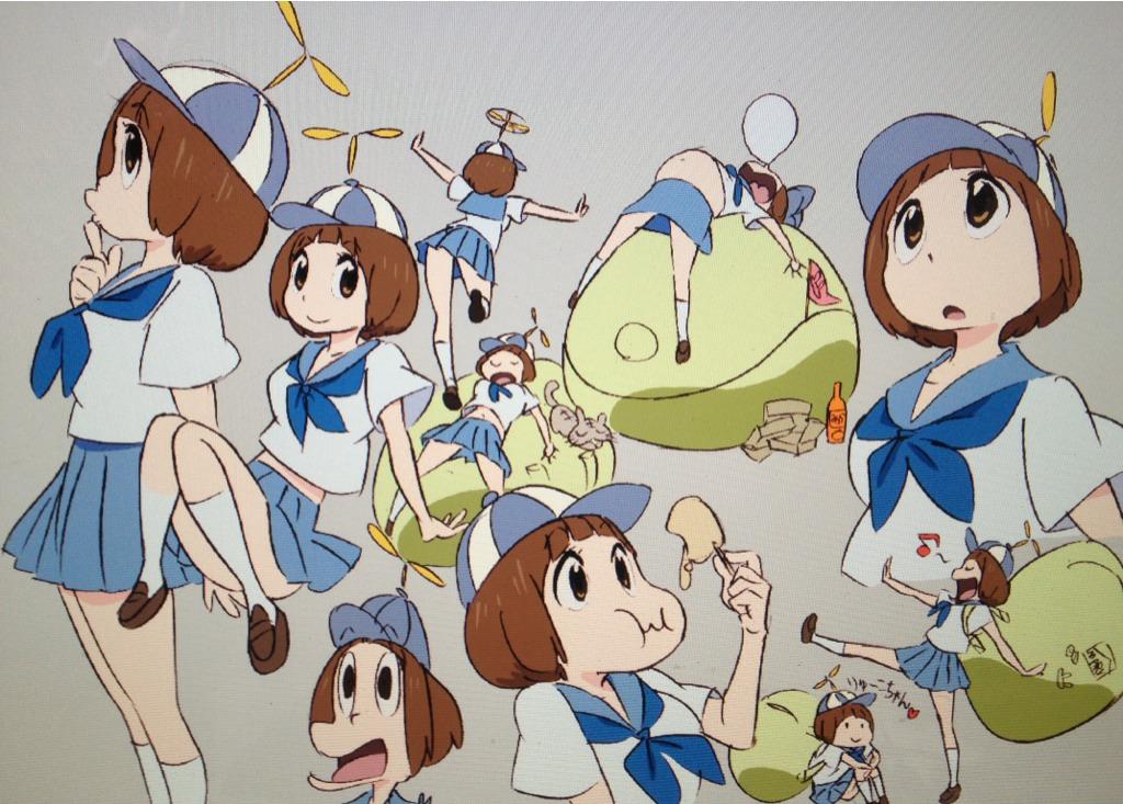bag, blue_skirt, bob_cut, brown_eyes, brown_hair, eating, fat, hat, kill_la_kill, mankanshoku_mako, official_art, propeller_hat, school_uniform, serafuku, short_hair, skirt, sleeping, sushio