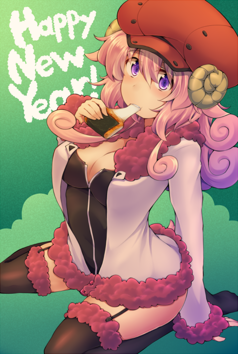 1girl, animal_ears, garter_straps, horns, kuromiya, kuzakura_mika, long_hair, new_year
