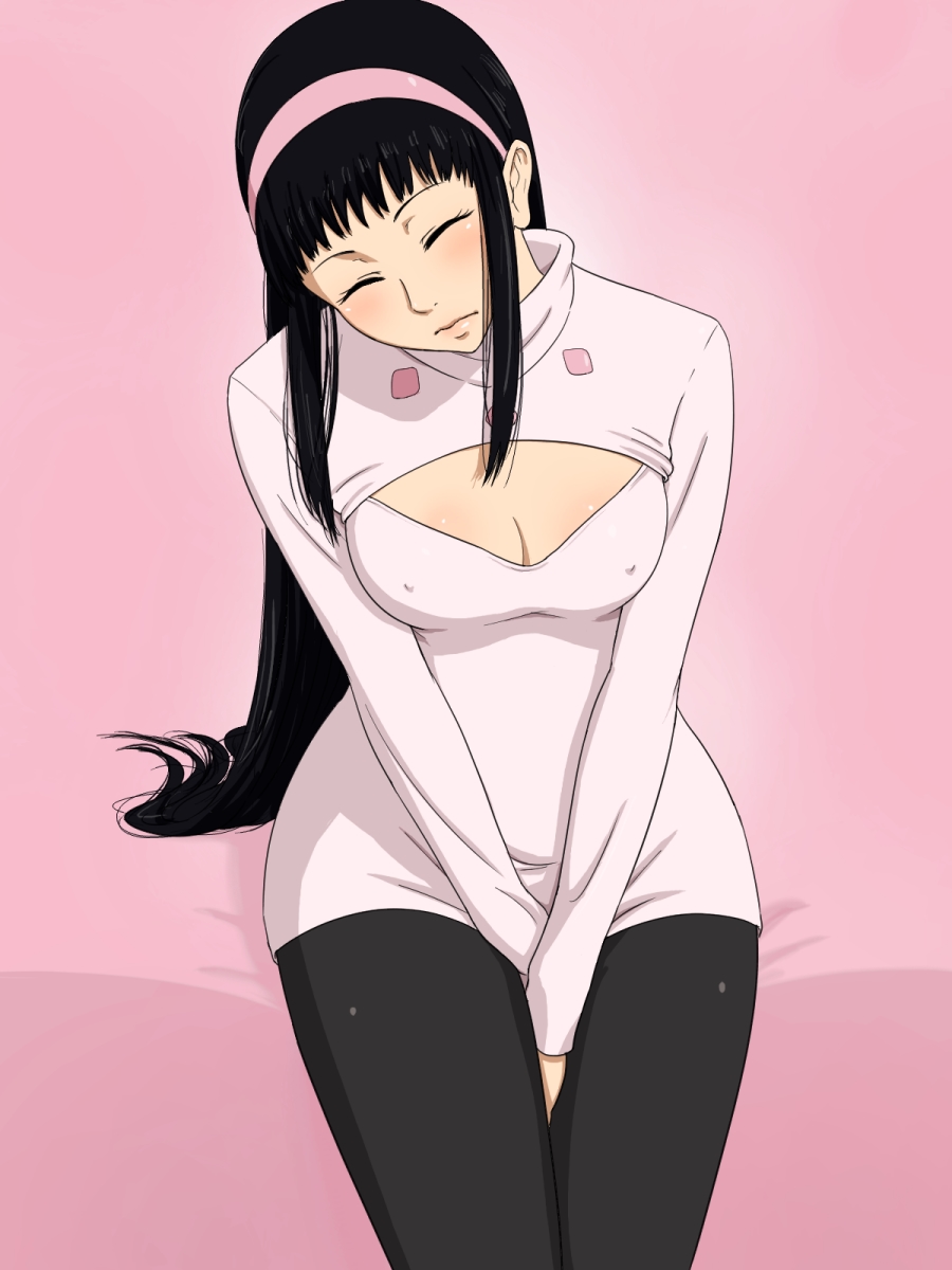 1girl, artist_request, black_hair, blush, breasts, cleavage_cutout, closed_eyes, guila, hairband, highres, long_hair, nanatsu_no_taizai, open-chest_sweater, pantyhose, sweater