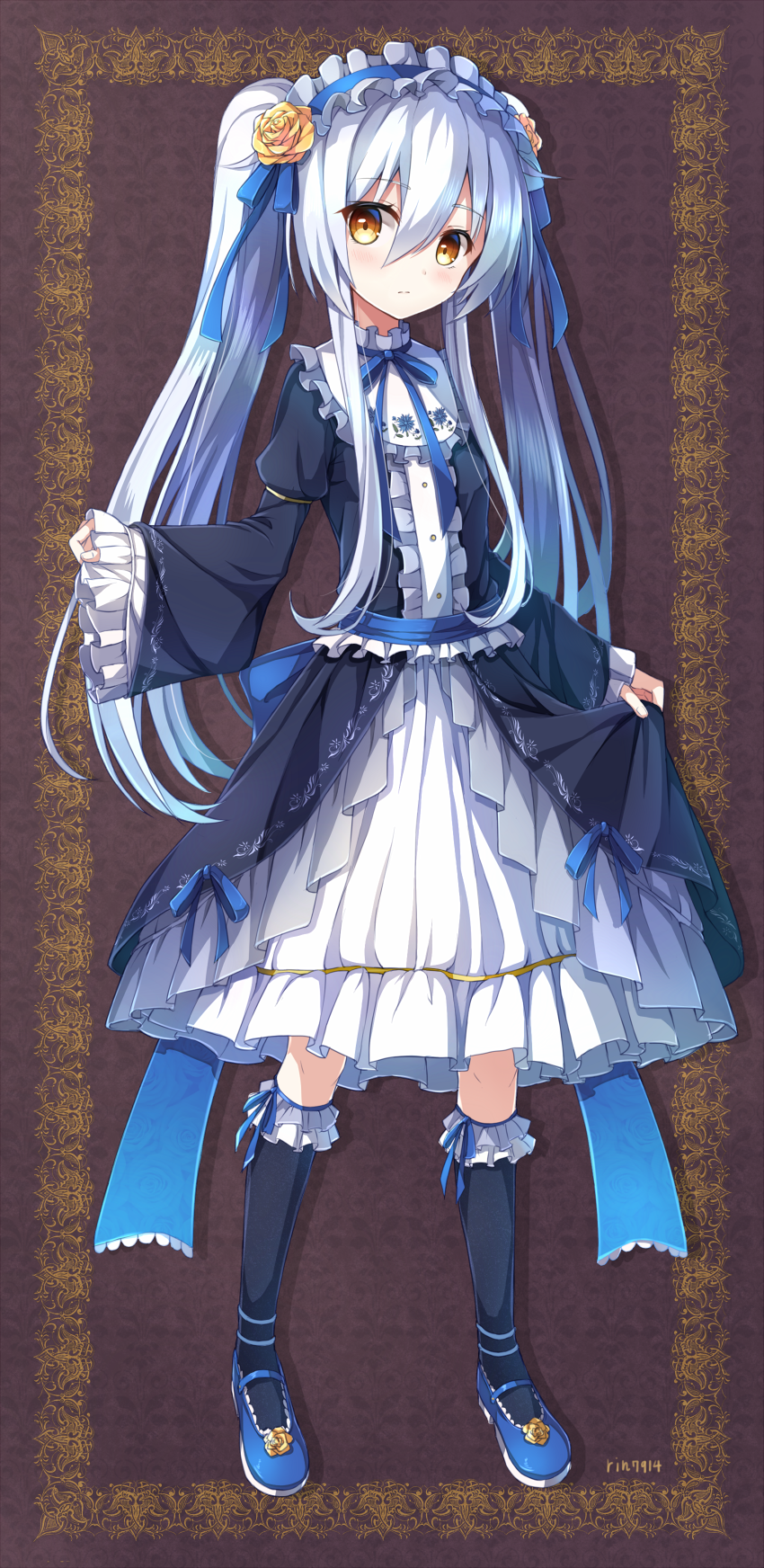 1girl, brown_eyes, frills, full_body, gothic_lolita, hairband, highres, lolita_fashion, lolita_hairband, long_hair, looking_at_viewer, nikkunemu, original, solo, twintails, white_hair