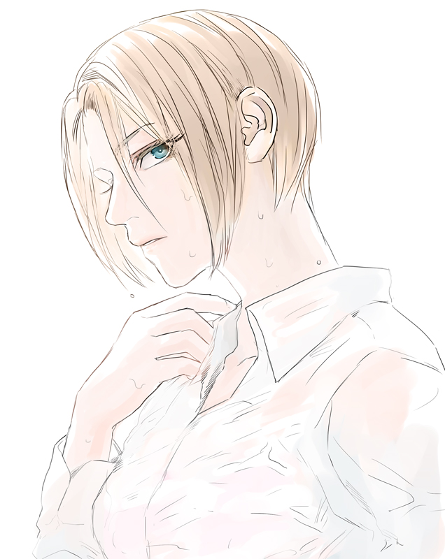 1girl, amelia_venkatesh, blonde_hair, blue_eyes, bra, bust, colored_eyelashes, from_side, hand_on_own_chest, long_sleeves, looking_at_viewer, osatoumizu, parted_lips, pink_bra, profile, see-through, shirt, short_hair, simple_background, solo, terra_formars, underwear, wet, wet_clothes, white_background, white_shirt, wing_collar