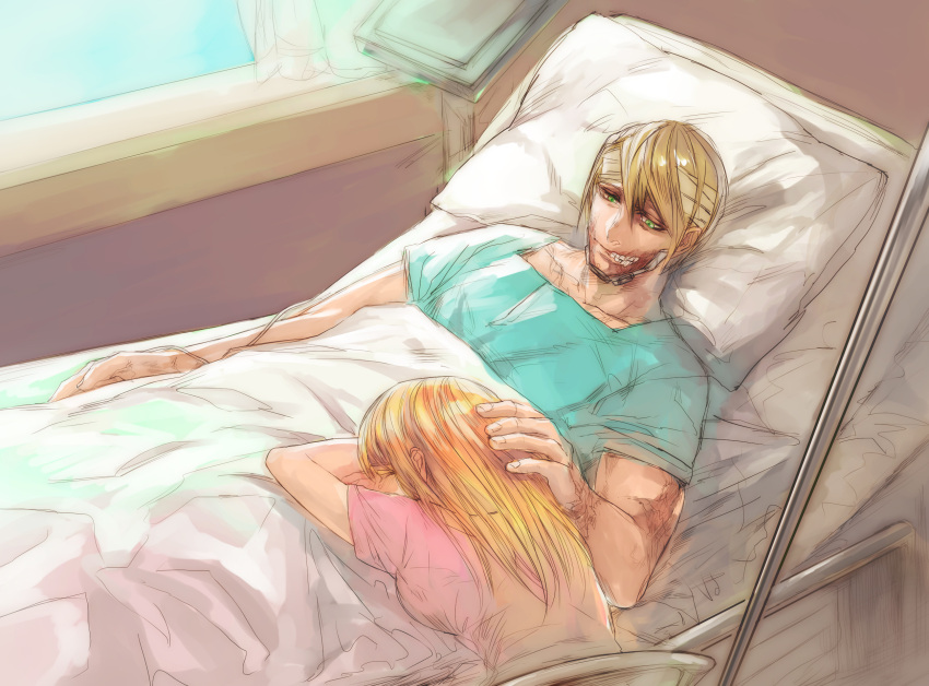1boy, 1girl, adolf_reinhardt, bandages, bed, blanket, blonde_hair, eva_frost, good_end, green_eyes, highres, long_hair, osatoumizu, petting, pillow, scar, short_hair, sleeping, terra_formars