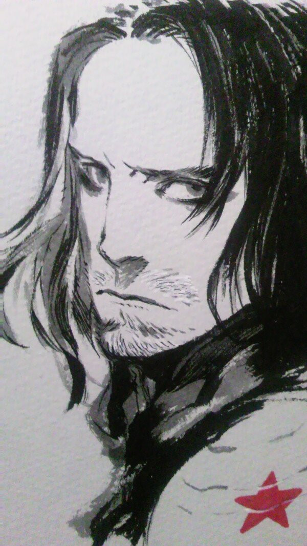 1boy, captain_america_the_winter_soldier, facial_hair, james_buchanan_barnes, marvel, miwa_shirou, no_mask, solo