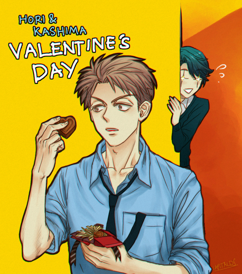 1boy, 1girl, blue_hair, brown_hair, cds, chocolate, chocolate_heart, gekkan_shoujo_nozaki-kun