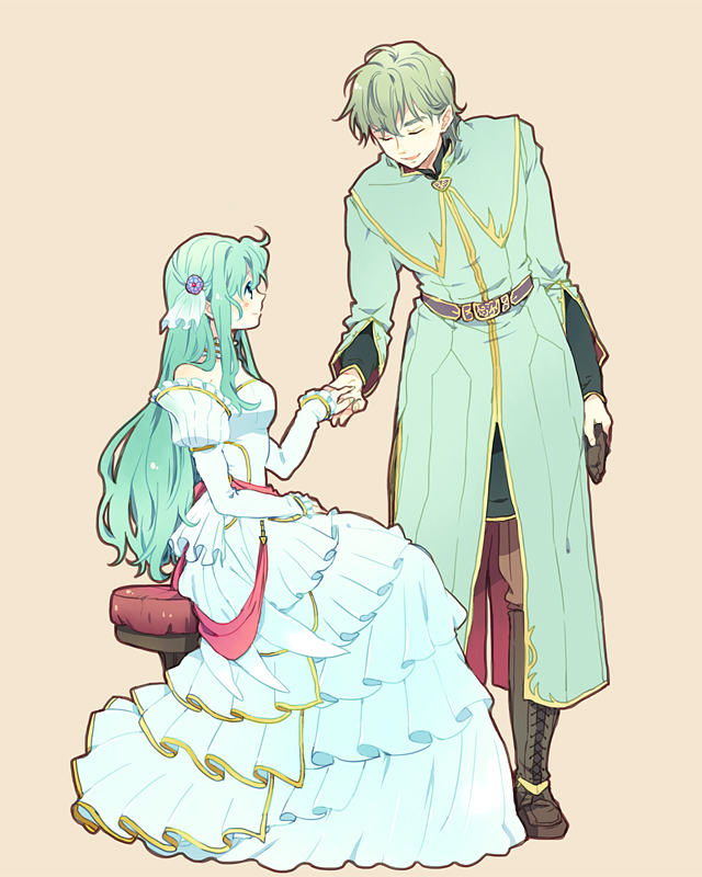 1boy, 1girl, aqua_hair, closed_eyes, dress, eirika, fire_emblem, fire_emblem:_seima_no_kouseki, green_eyes, green_hair, guttary, innes, long_hair, short_hair