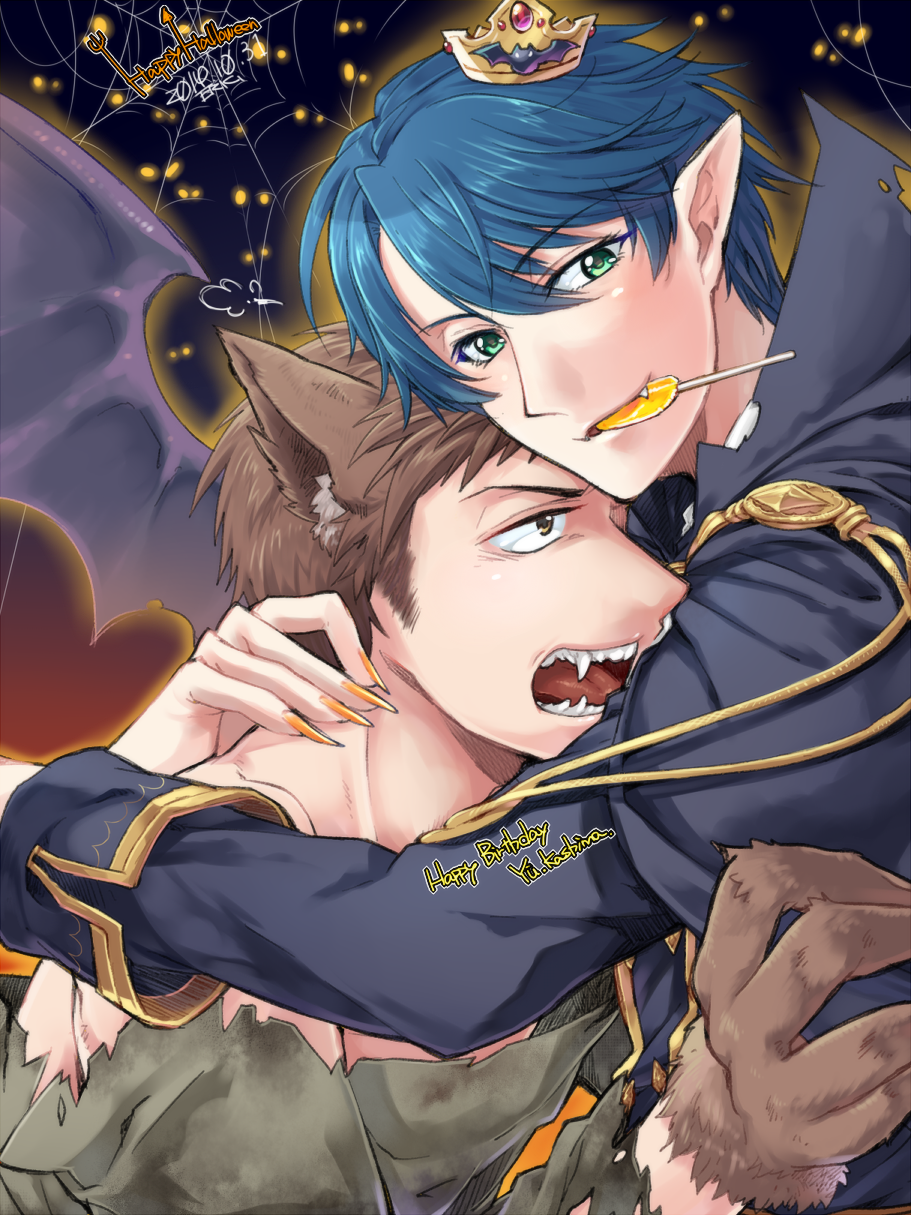 1boy, 1girl, animal_ears, cape, claws, crown, eriku_(aoi_tori), fang