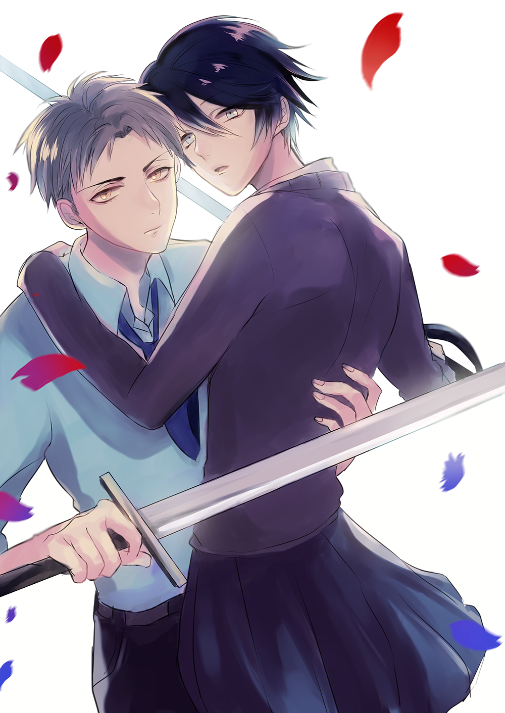 1boy, 1girl, black_hair, blue_hair, brown_hair, gekkan_shoujo_nozaki-kun, hetero, highres, hori_masayuki, kashima_yuu, petals, shiyuu_(piacere0915), short_hair, sword, weapon